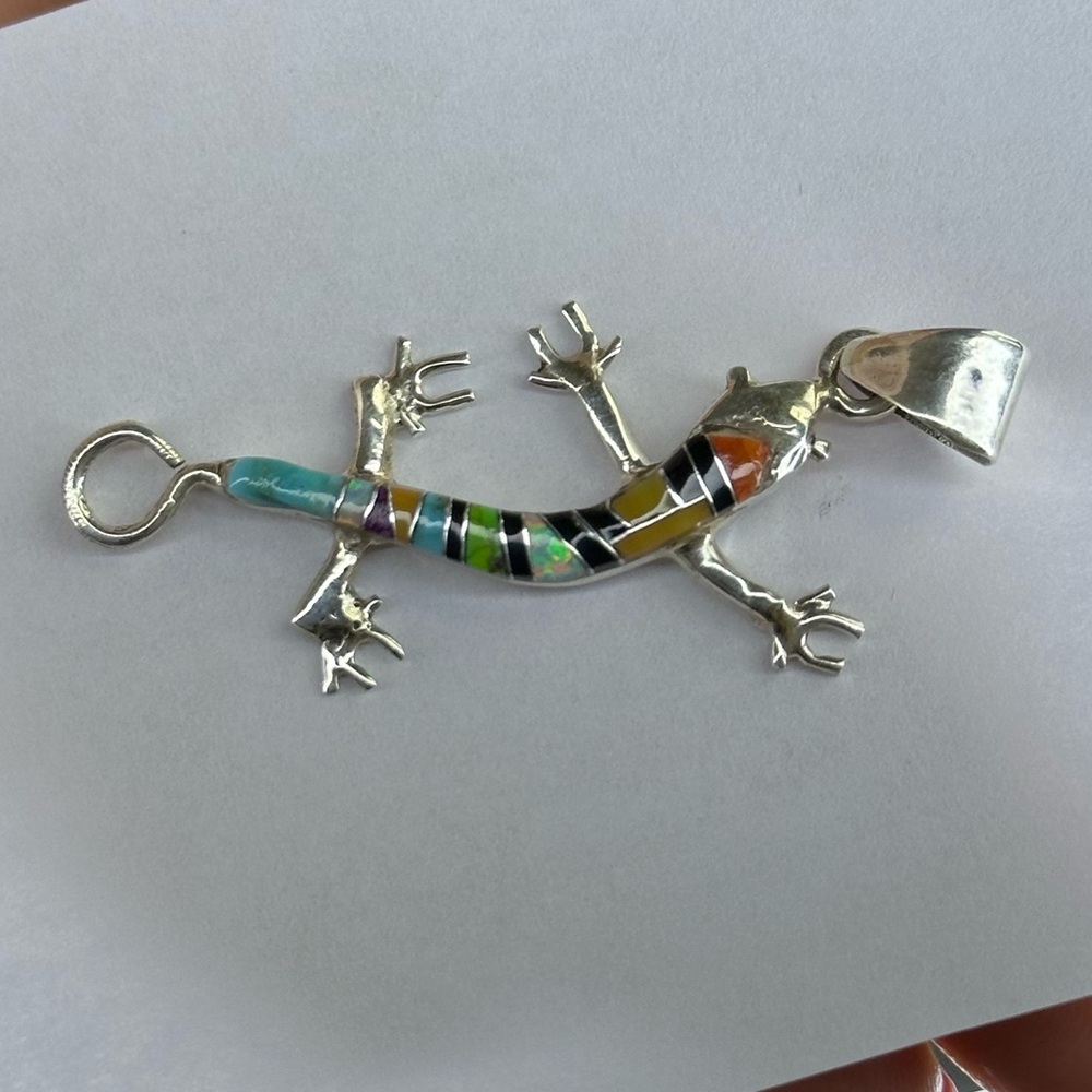 SM marked Silver Inlay Turquoise Opal & other Gemstones Pendant